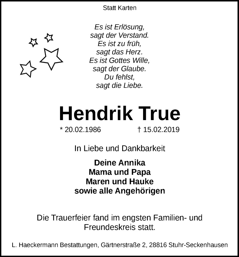  Traueranzeige für Hendrik True vom 23.02.2019 aus Regionale Rundschau/Syker Kurier