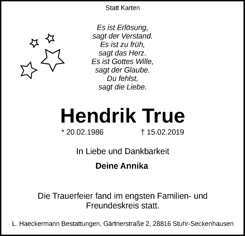  Traueranzeige für Hendrik True vom 23.02.2019 aus Wuemme Zeitung