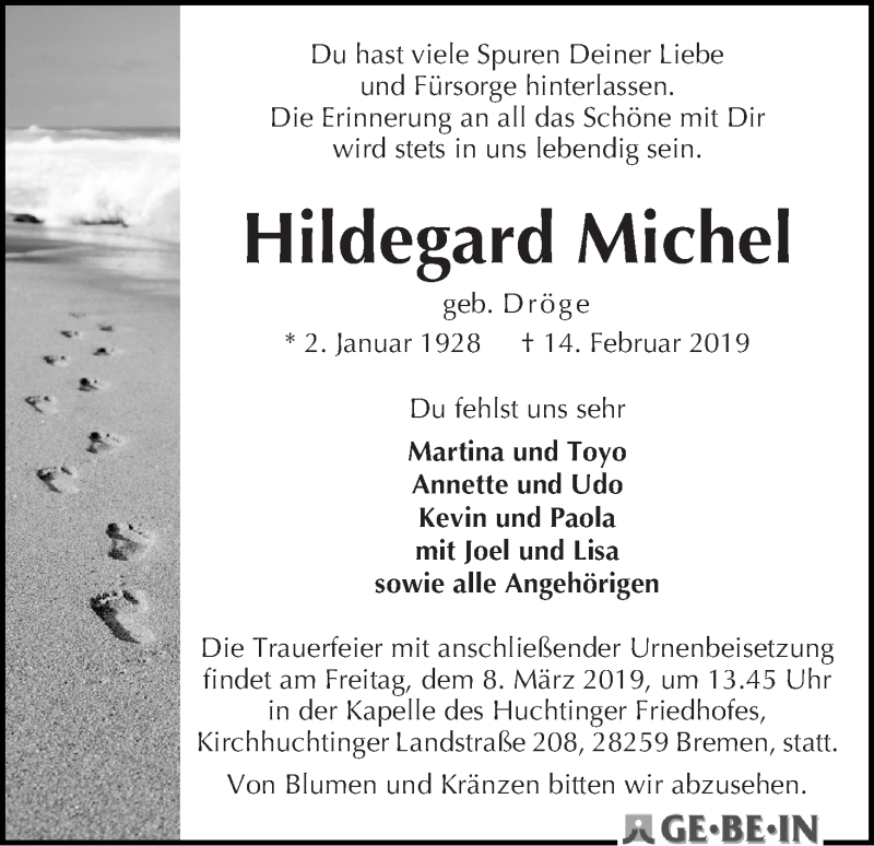  Traueranzeige für Hildegard Michel vom 23.02.2019 aus WESER-KURIER