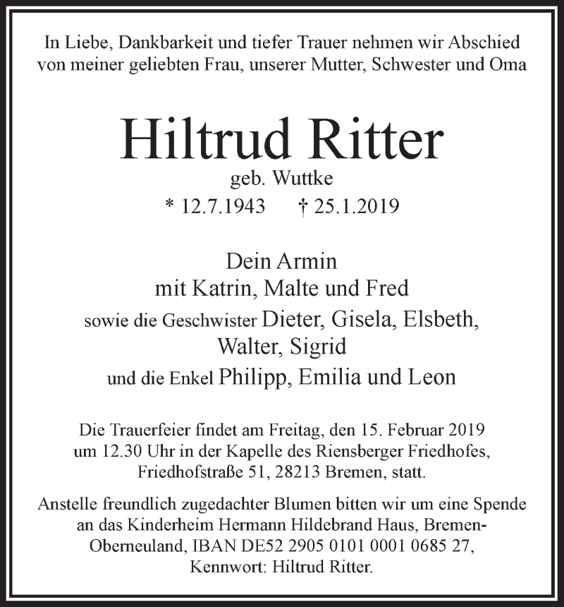  Traueranzeige für Hiltrud Ritter vom 02.02.2019 aus WESER-KURIER