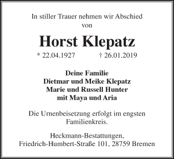 Traueranzeige von Horst Klepatz