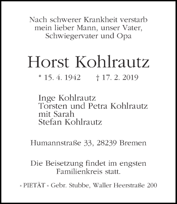 Traueranzeige von Horst Kohlrautz