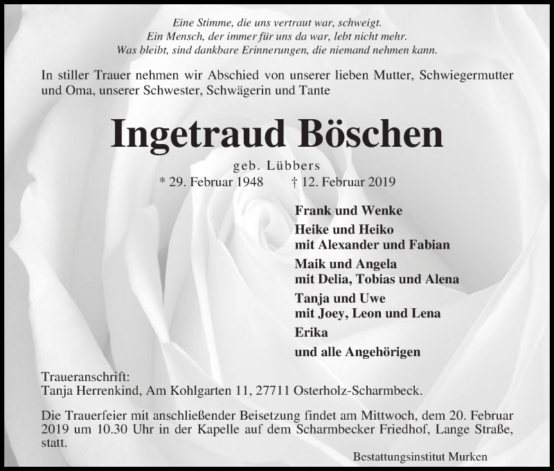  Traueranzeige für Ingetraud Böschen vom 14.02.2019 aus Osterholzer Kreisblatt
