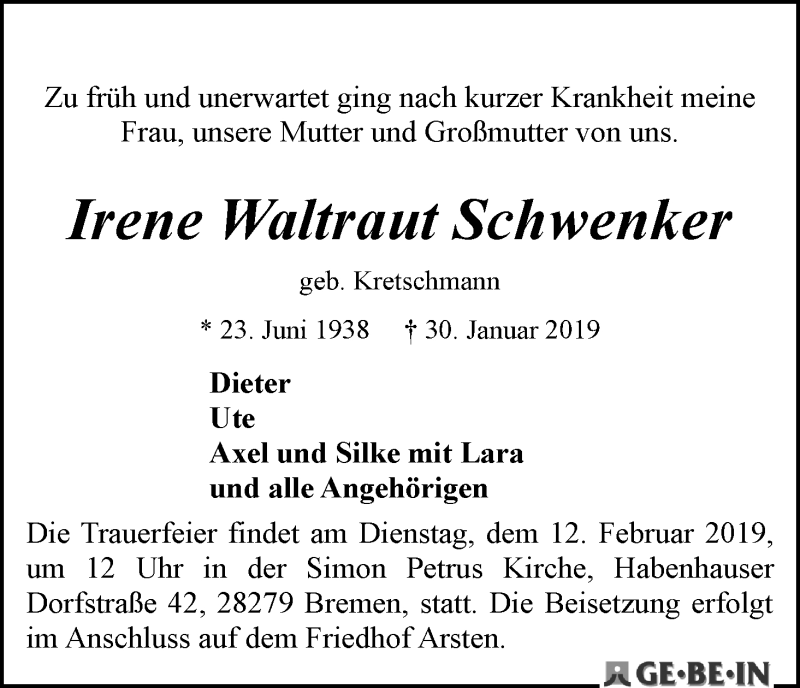  Traueranzeige für Irene Waltraut Schwenker vom 09.02.2019 aus WESER-KURIER