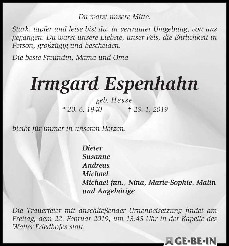  Traueranzeige für Irmgard Espenhahn vom 02.02.2019 aus WESER-KURIER