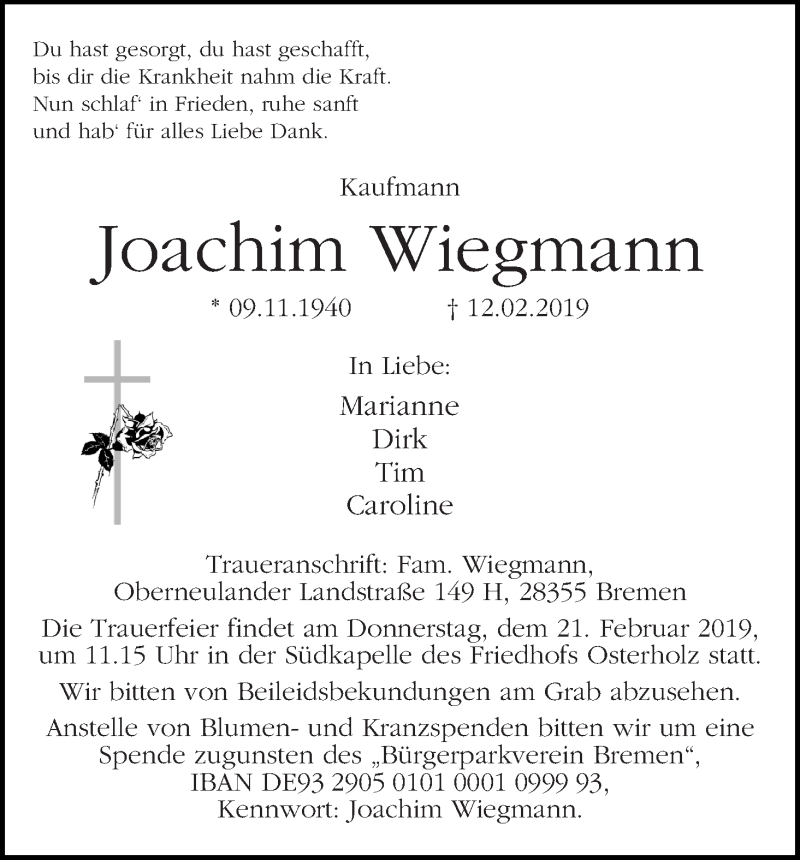  Traueranzeige für Joachim Wiegmann vom 16.02.2019 aus WESER-KURIER