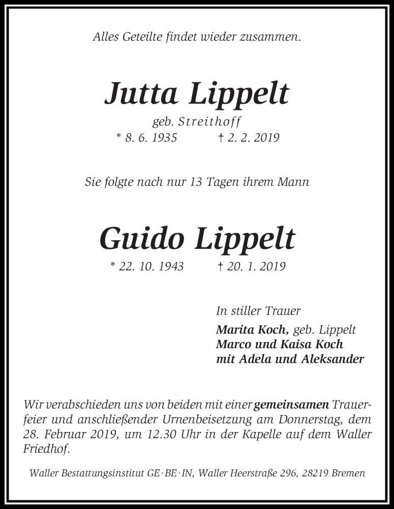 Traueranzeige von Jutta und Guido Lippelt von WESER-KURIER