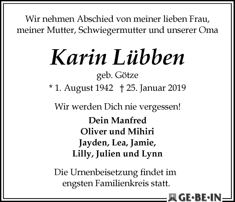  Traueranzeige für Karin Lübben vom 02.02.2019 aus WESER-KURIER