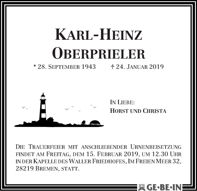Traueranzeige von Karl-Heinz Oberprieler von WESER-KURIER
