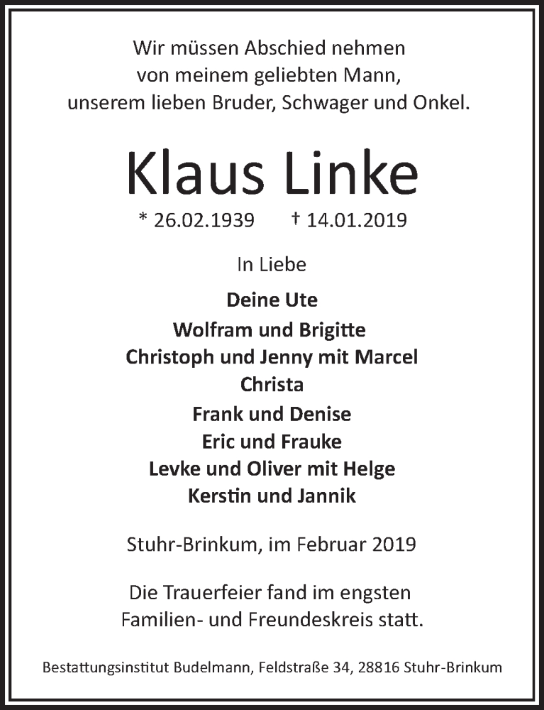  Traueranzeige für Klaus Linke vom 02.02.2019 aus WESER-KURIER