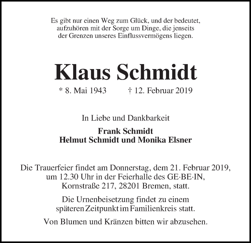  Traueranzeige für Klaus Schmidt vom 16.02.2019 aus WESER-KURIER