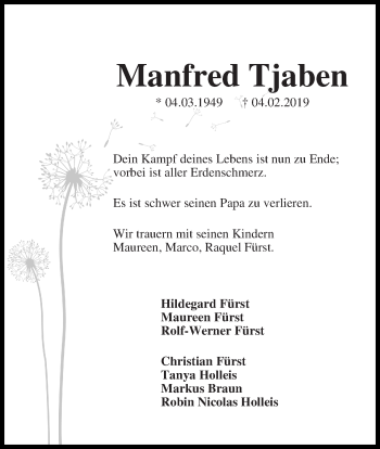 Traueranzeige von Manfred Tjaben