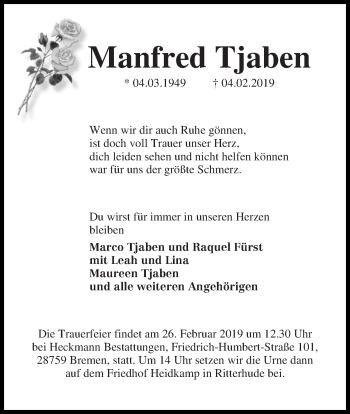 Traueranzeige von Manfred Tjaben