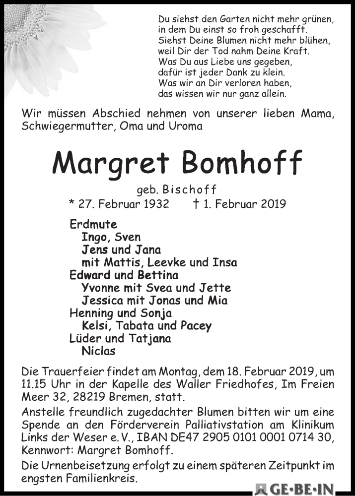 Traueranzeige für Margret Bomhoff vom 09.02.2019 aus WESER-KURIER