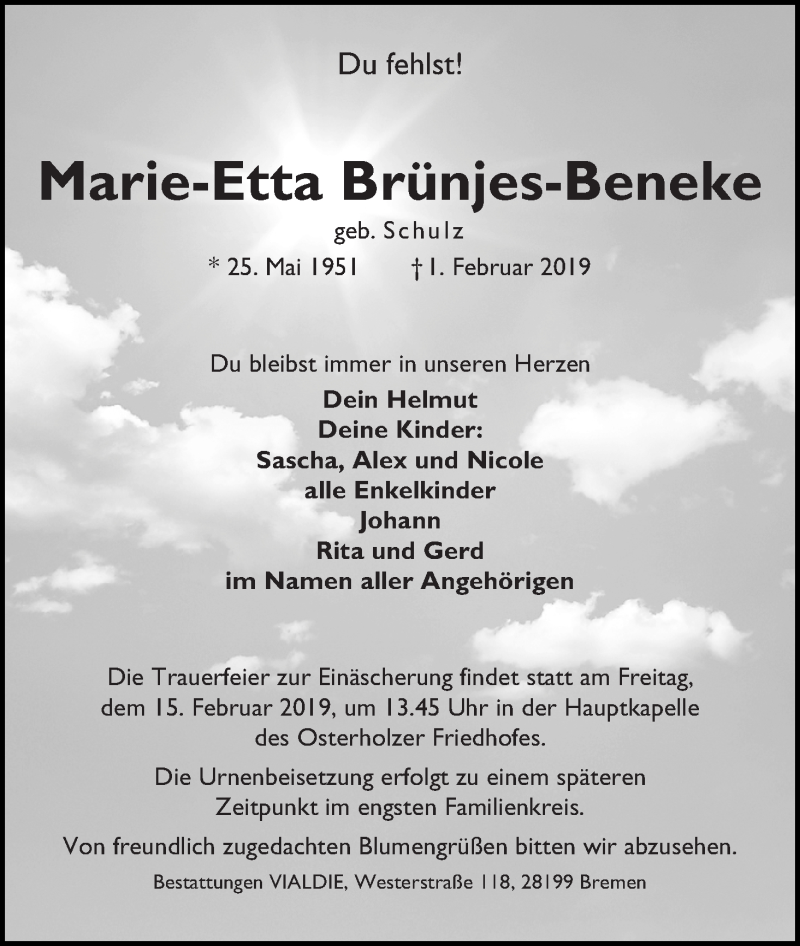  Traueranzeige für Marie-Etta Brünjes-Beneke vom 09.02.2019 aus WESER-KURIER