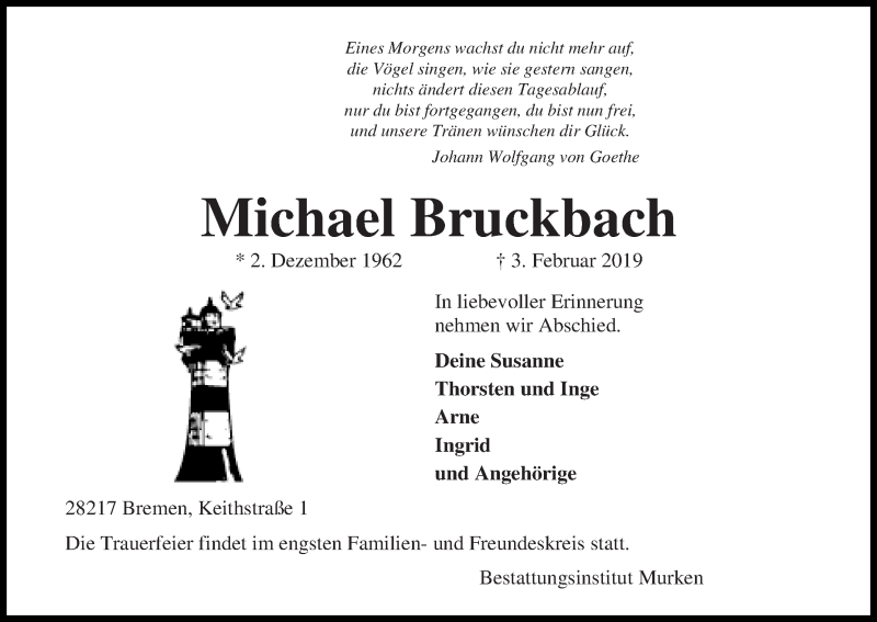  Traueranzeige für Michael Bruckbach vom 09.02.2019 aus WESER-KURIER
