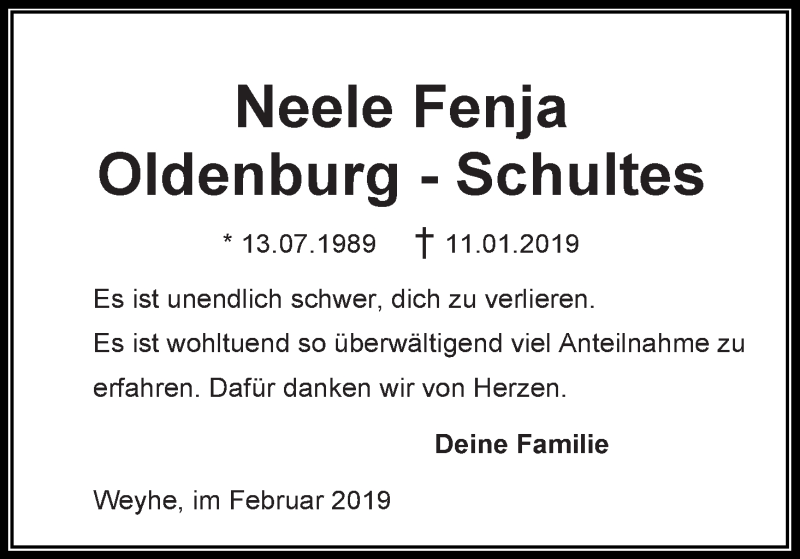  Traueranzeige für Neele Fenja Oldenburg-Schultes vom 09.02.2019 aus WESER-KURIER