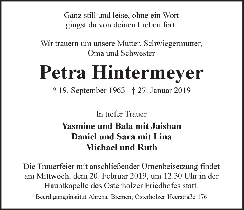  Traueranzeige für Petra Hintermeyer vom 09.02.2019 aus WESER-KURIER