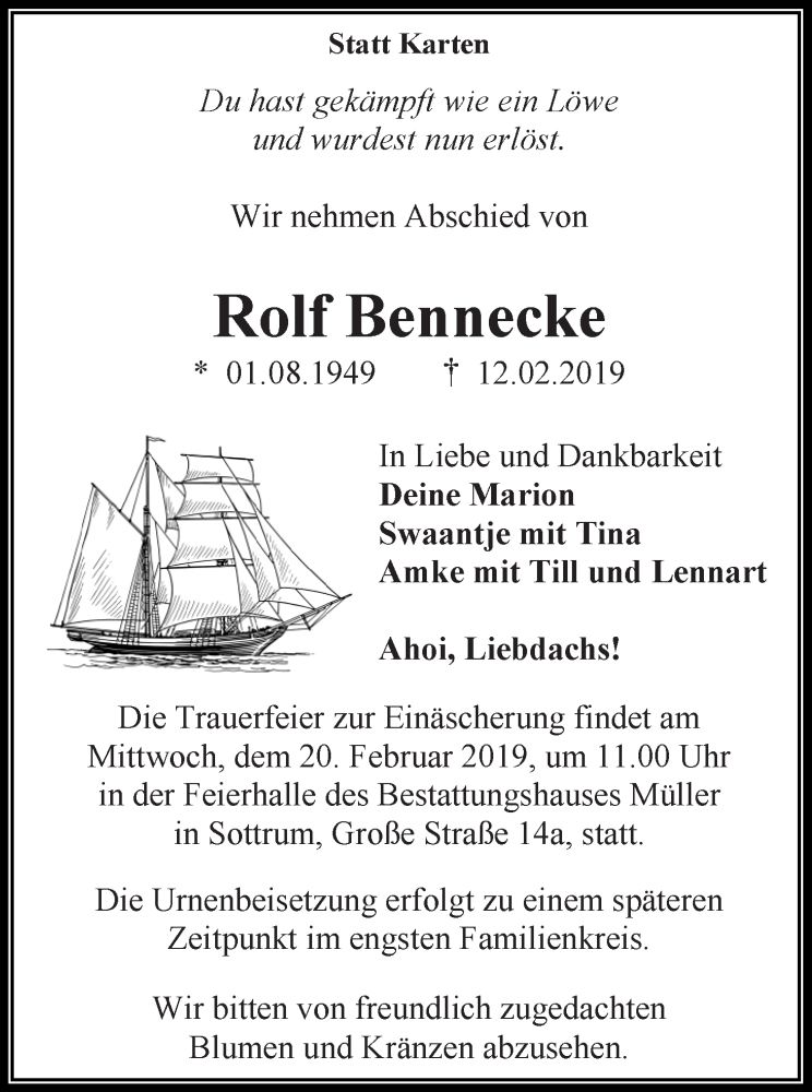  Traueranzeige für Rolf Bennecke vom 16.02.2019 aus WESER-KURIER