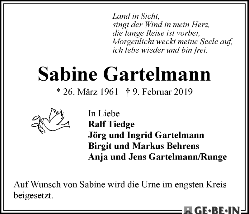  Traueranzeige für Sabine Gartelmann vom 16.02.2019 aus WESER-KURIER