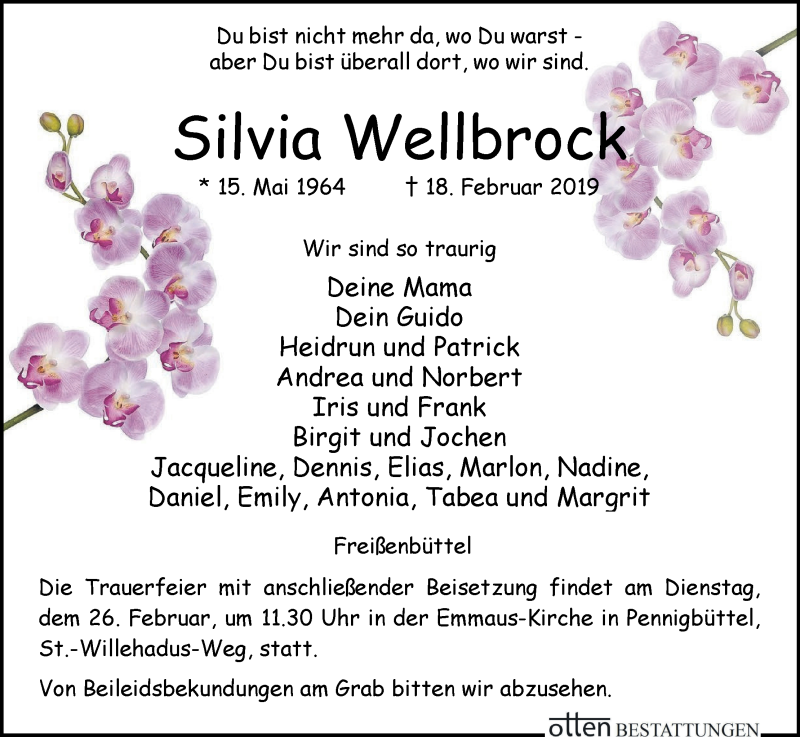  Traueranzeige für Silvia Wellbrock vom 21.02.2019 aus Osterholzer Kreisblatt
