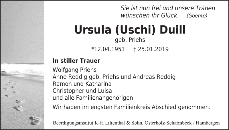  Traueranzeige für Ursula (Uschi) Duill vom 13.02.2019 aus Osterholzer Kreisblatt
