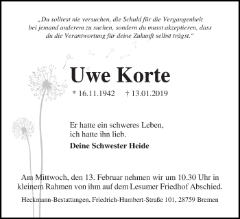 Traueranzeige von Uwe Korte