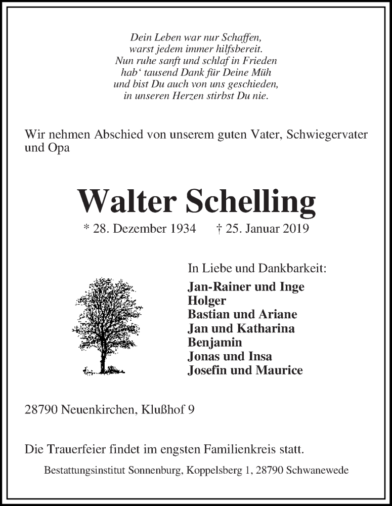 Traueranzeige von Walter Schelling von Die Norddeutsche