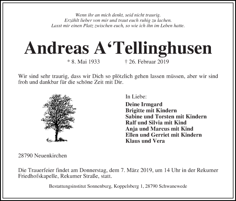 Traueranzeige von Andreas A'Tellinghusen von Die Norddeutsche