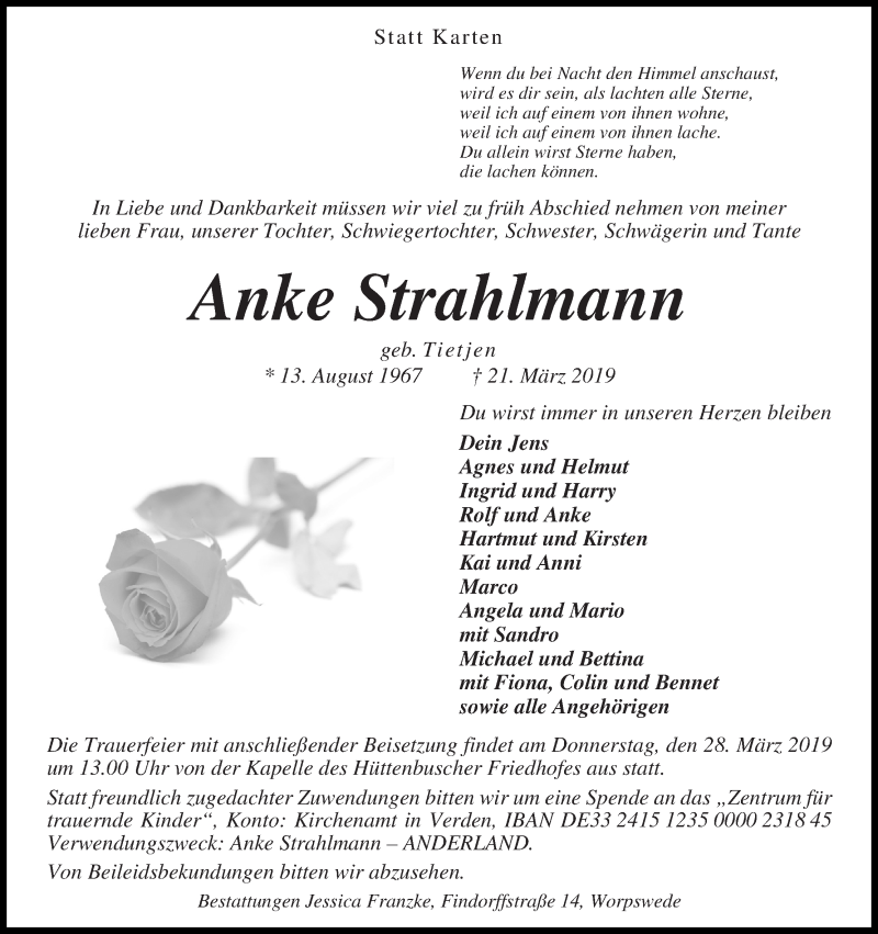  Traueranzeige für Anke Strahlmann vom 25.03.2019 aus Osterholzer Kreisblatt