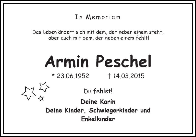  Traueranzeige für Armin Peschel vom 14.03.2019 aus WESER-KURIER