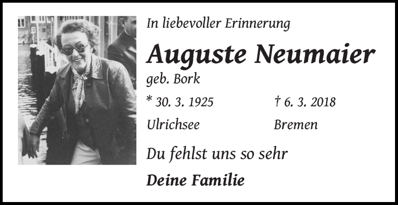  Traueranzeige für Auguste Neumaier vom 06.03.2019 aus WESER-KURIER