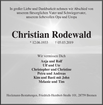 Traueranzeige von Christian Rodewald