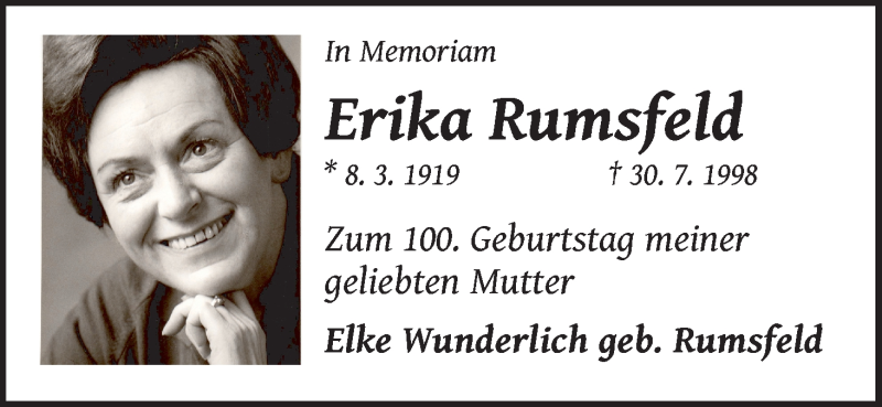  Traueranzeige für Erika Rumsfeld vom 08.03.2019 aus WESER-KURIER