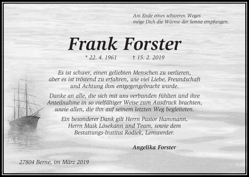  Traueranzeige für Frank Forster vom 23.03.2019 aus Die Norddeutsche