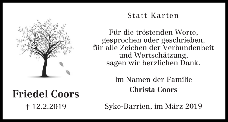  Traueranzeige für Friedel Coors vom 30.03.2019 aus WESER-KURIER