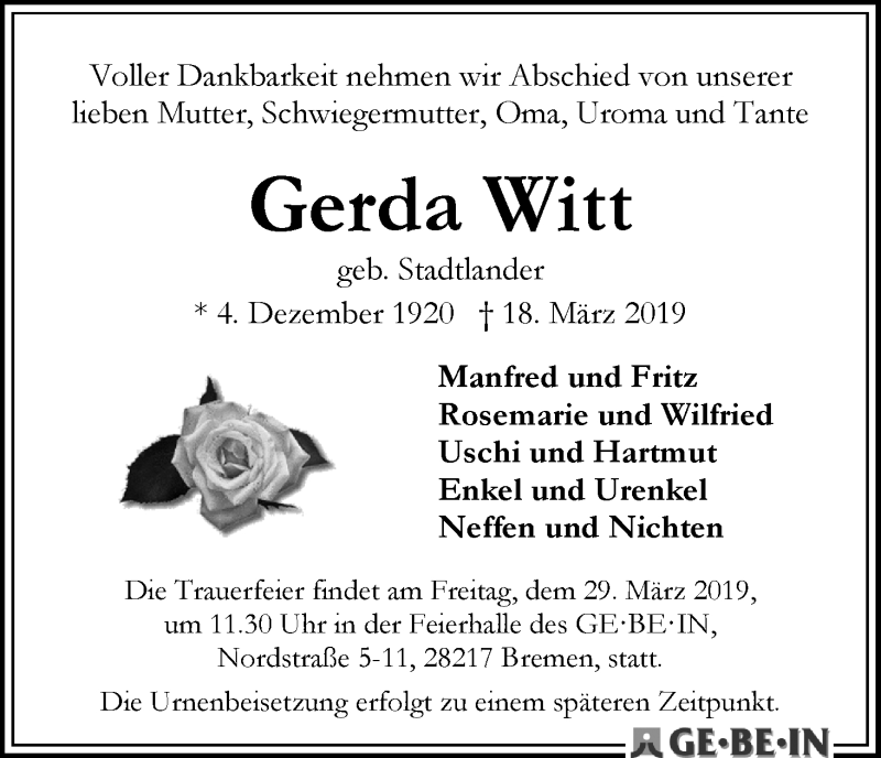  Traueranzeige für Gerda Witt vom 23.03.2019 aus WESER-KURIER