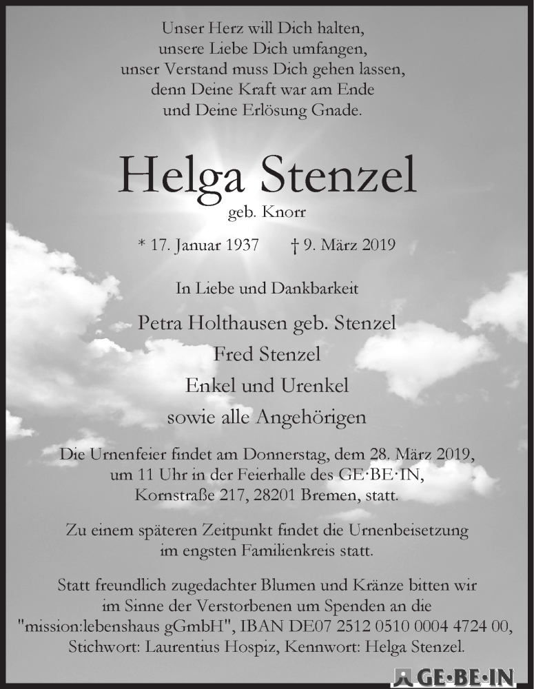  Traueranzeige für Helga Stenzel vom 16.03.2019 aus WESER-KURIER
