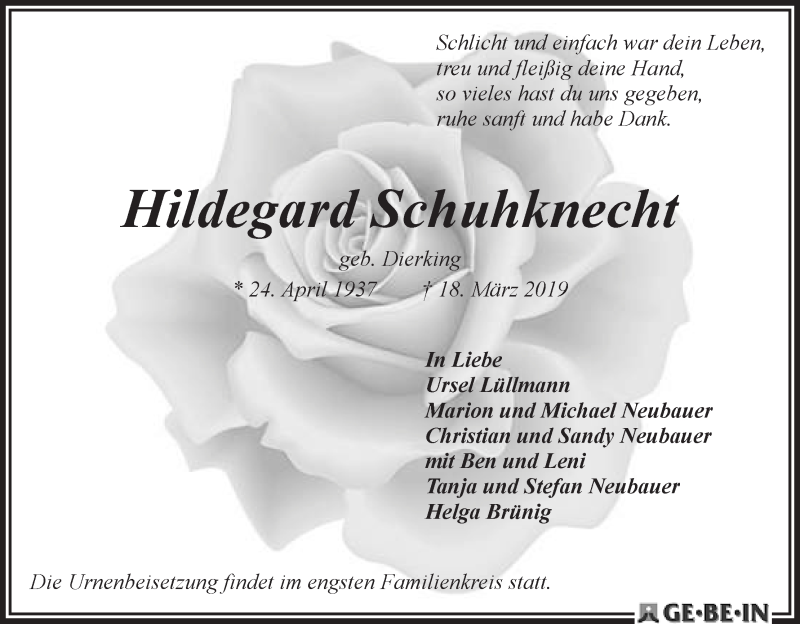  Traueranzeige für Hildegard Schuhknecht vom 23.03.2019 aus WESER-KURIER
