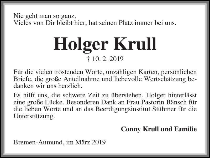 Traueranzeige von Holger Krull von Die Norddeutsche