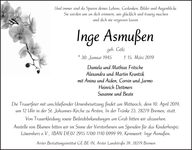Traueranzeige von Inge Asmußen von WESER-KURIER