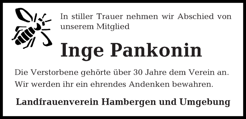  Traueranzeige für Inge Pankonin vom 21.03.2019 aus Osterholzer Kreisblatt