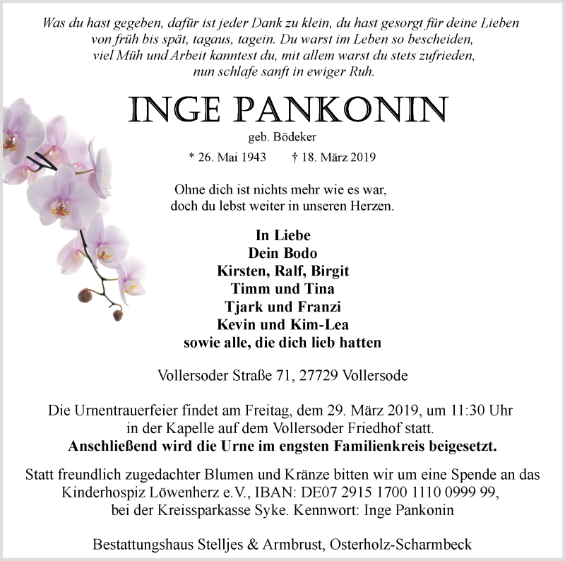  Traueranzeige für Inge Pankonin vom 20.03.2019 aus Osterholzer Kreisblatt