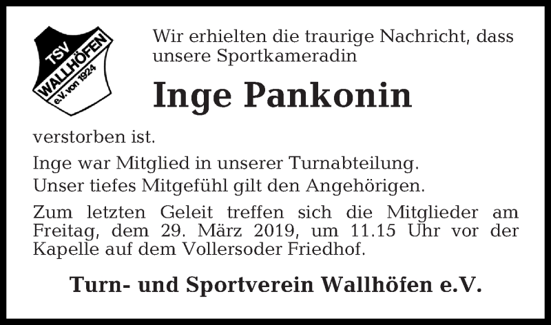  Traueranzeige für Inge Pankonin vom 21.03.2019 aus Osterholzer Kreisblatt
