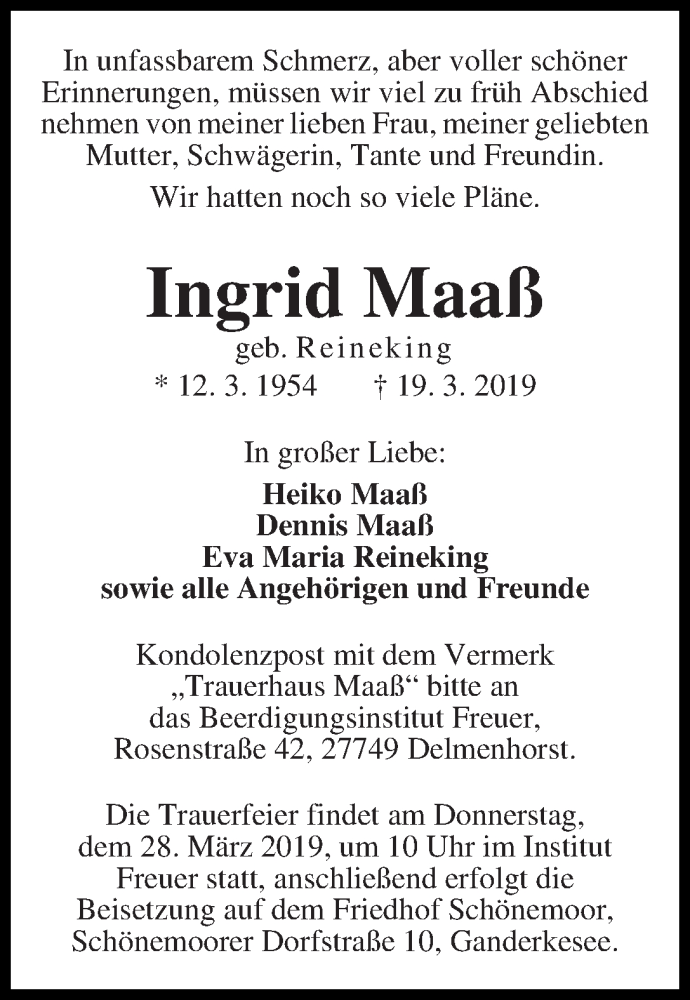 Traueranzeige von Ingrid Maaß von WESER-KURIER