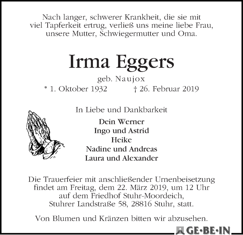  Traueranzeige für Irma Eggers vom 09.03.2019 aus WESER-KURIER