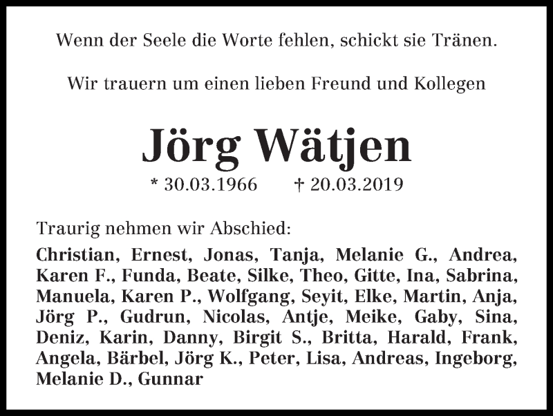 Traueranzeigen Von Jorg Watjen Trauer Gedenken