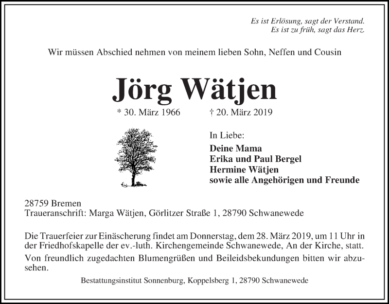 Traueranzeigen Von Jorg Watjen Trauer Gedenken