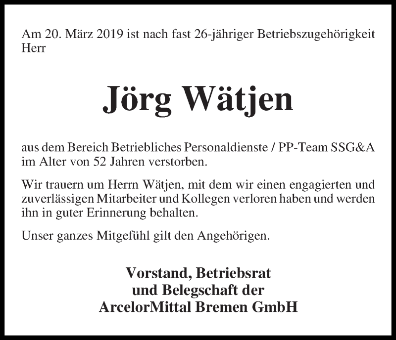 Traueranzeigen Von Jorg Watjen Trauer Gedenken