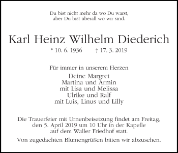 Traueranzeige von Karl Heinz Wilhelm Diederich